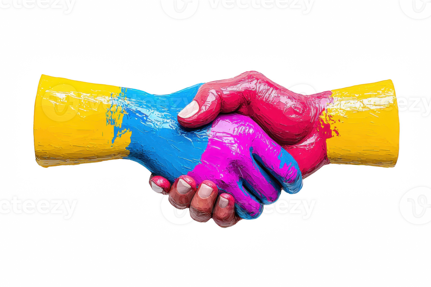 A Colorful painted hands shaking symbolize unity and collaboration. This vibrant image showcases creativity and diversity, emphasizing importance of teamwork and connection png