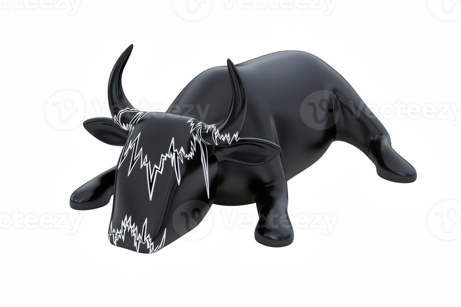 A stylized black bull with unique design featuring white zigzag patterns on its face, symbolizing market trends. This artistic representation evokes sense of strength and dynamism png