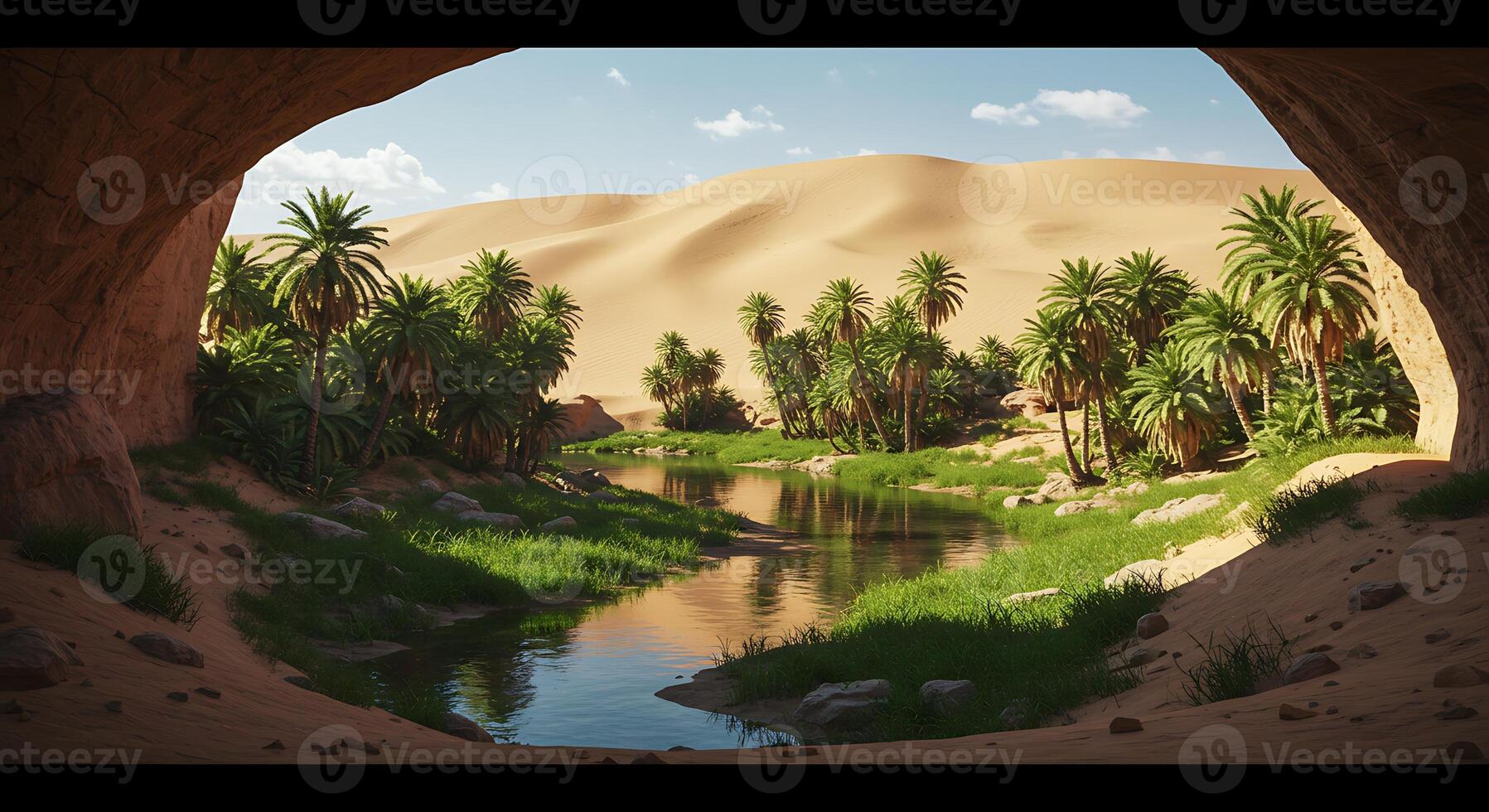 Oasis in Desert Landscape with Palm Trees and Clear Water photo