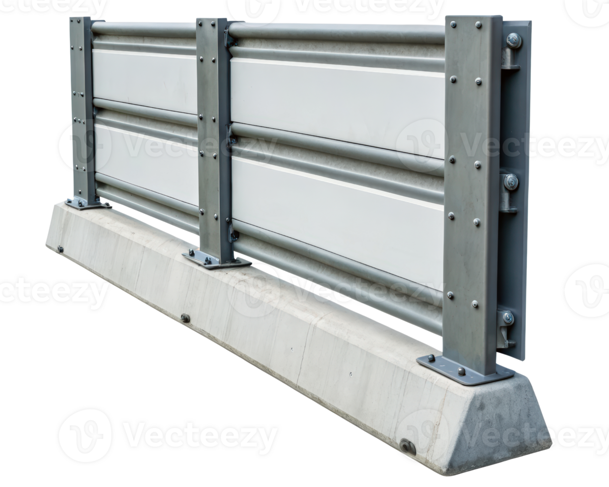 Gray metal and white panel highway barrier on a transparent background png