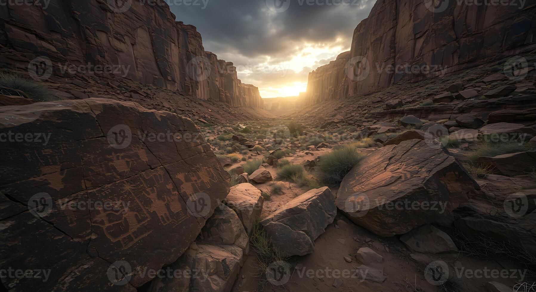 Exploring Ancient Rock Art in a Majestic Desert Canyon at Sunset photo