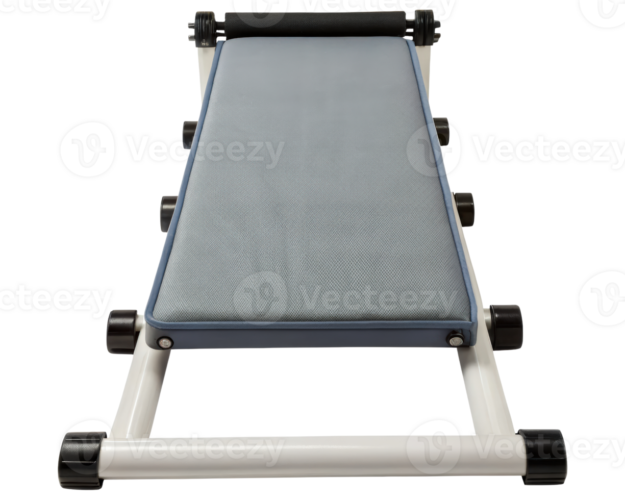 Gray padded exercise bench with wheels on a transparent background png