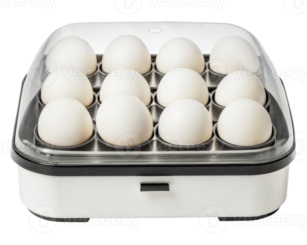 Eggs arranged in a modern transparent-lid electric egg cooker on a transparent background png