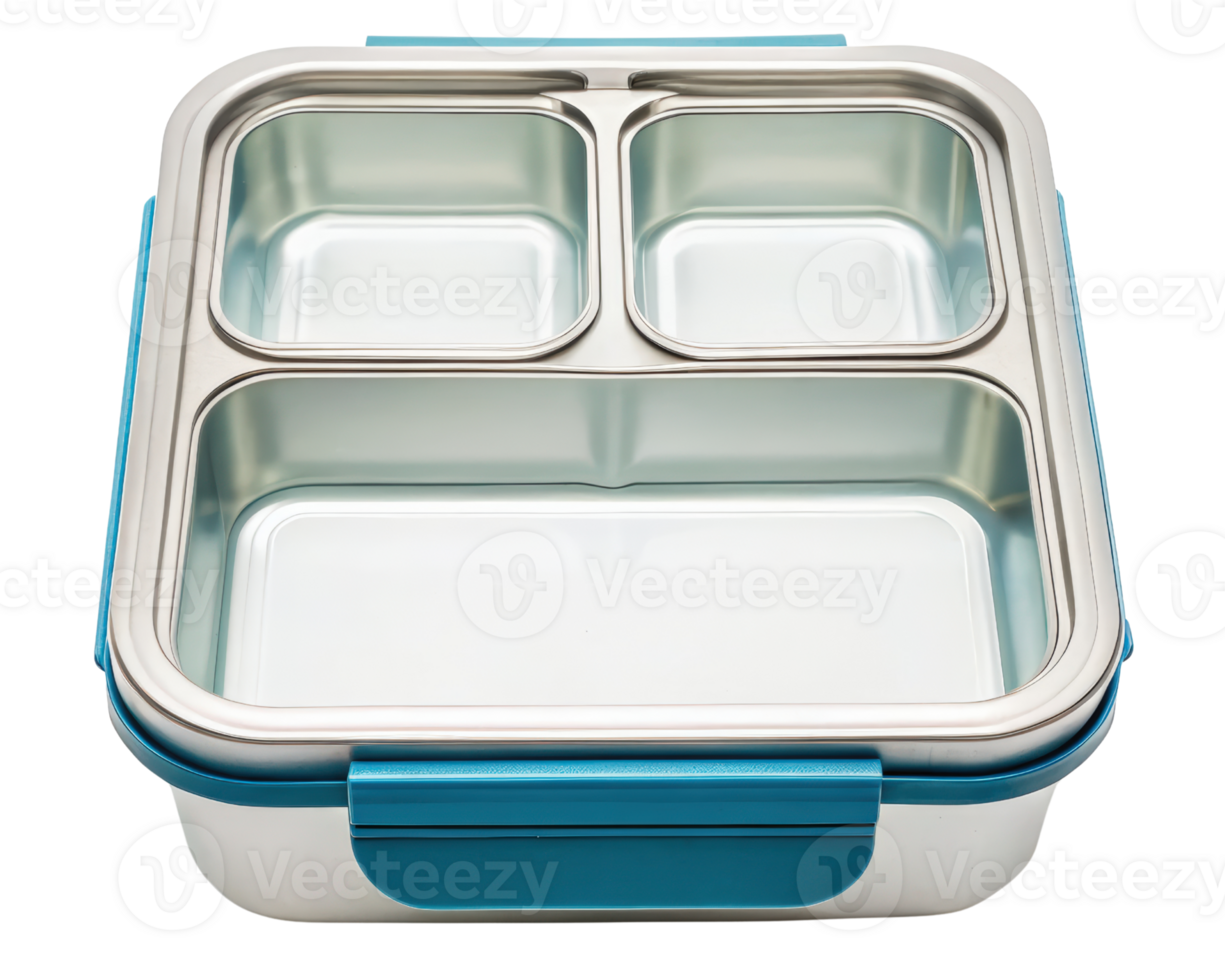 Stainless steel lunchbox with blue trim on a transparent background png
