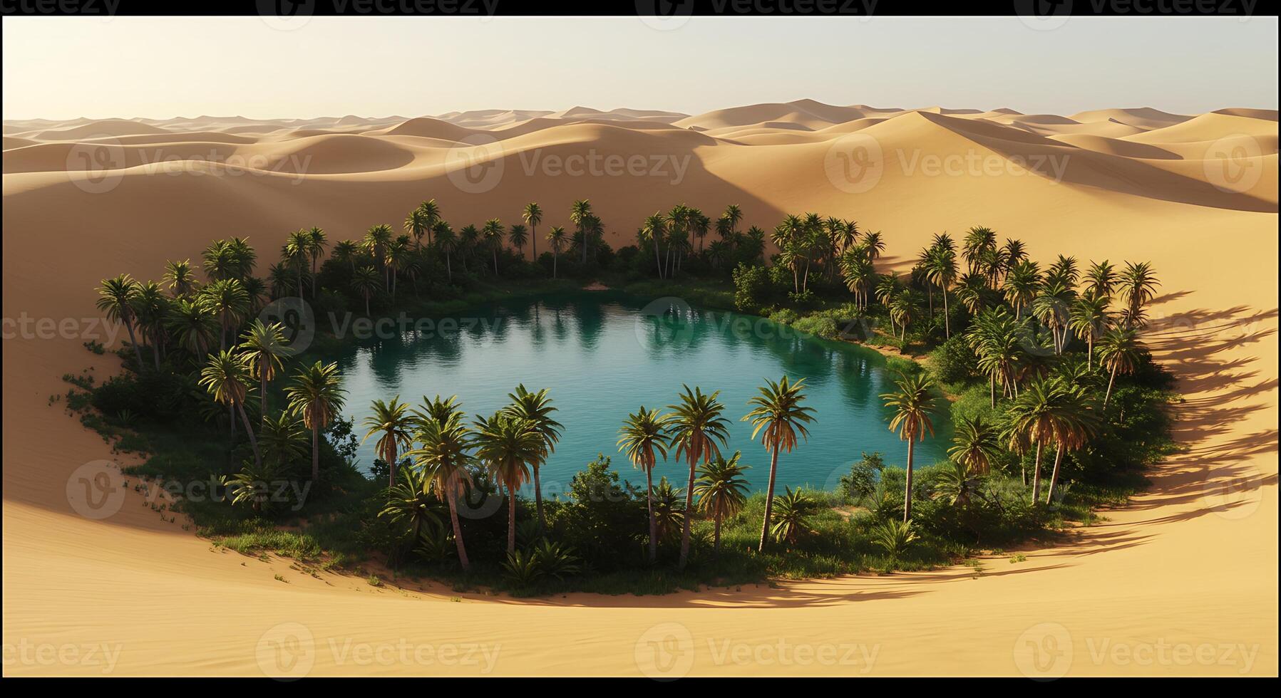 Desert Oasis with Palm Trees and Water in Sandy Landscape photo