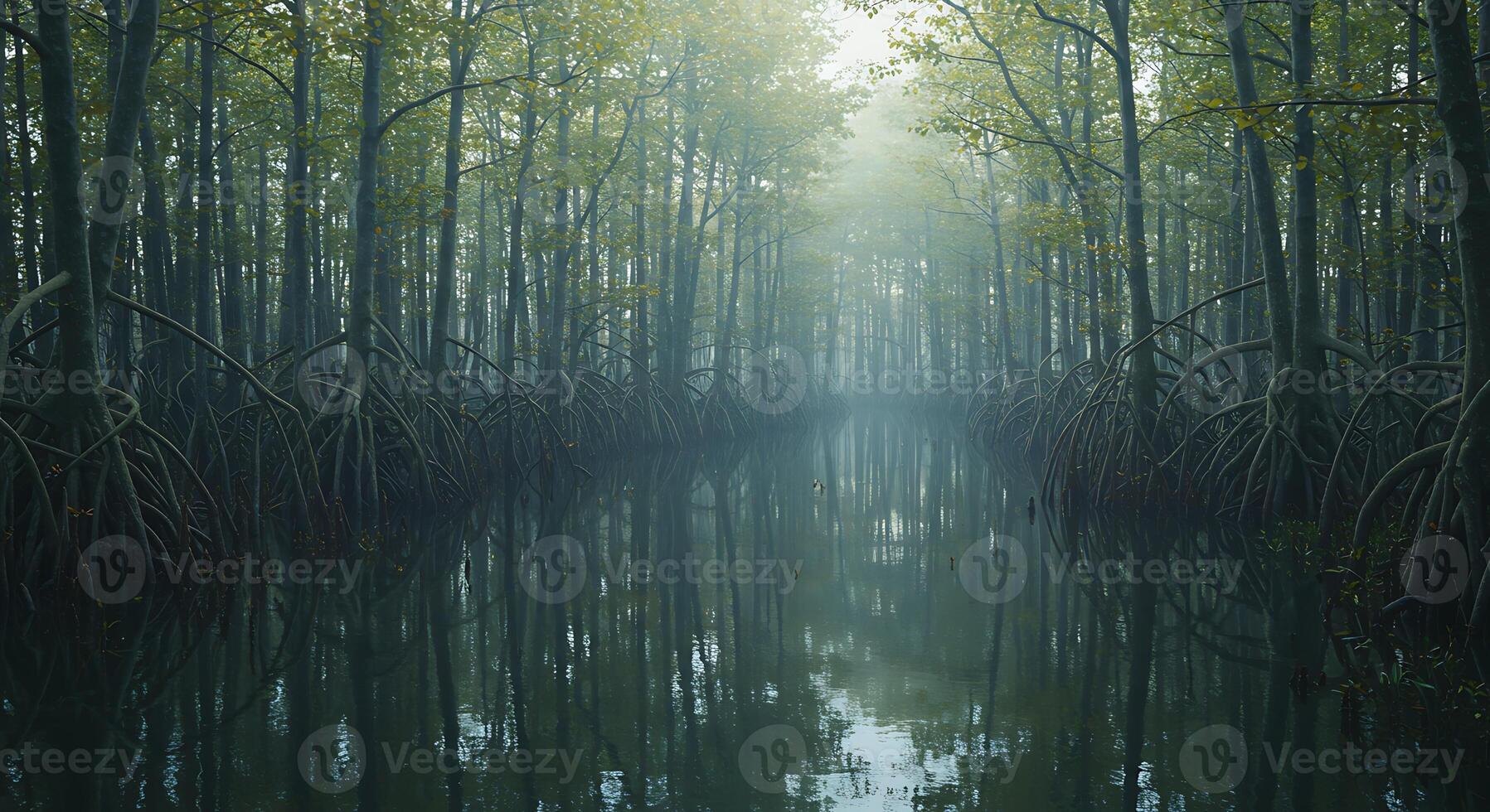Mystical Mangrove Forest Reflection on Calm Water with Foggy Atmosphere photo