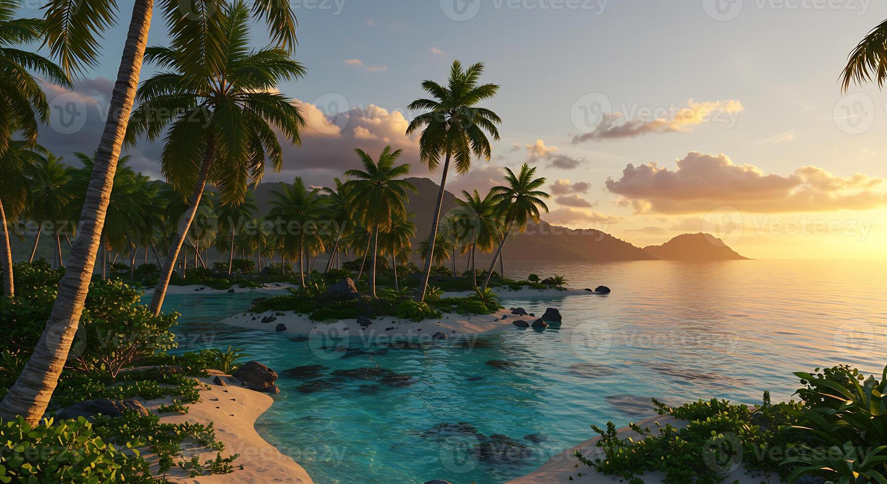 Tropical Island Paradise with Palm Trees and Turquoise Ocean at Sunset photo