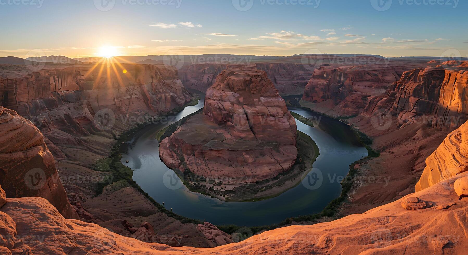 Horseshoe Bend at Sunrise Overlook with River and Canyon View photo