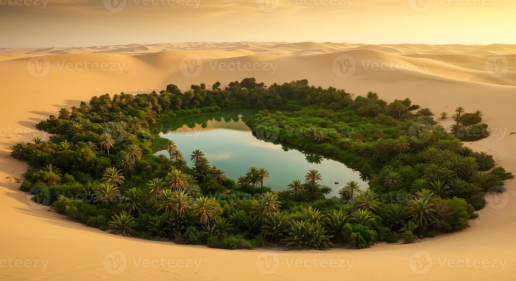 Serene Desert Oasis with Turquoise Lake and Palm Trees at Sunset photo