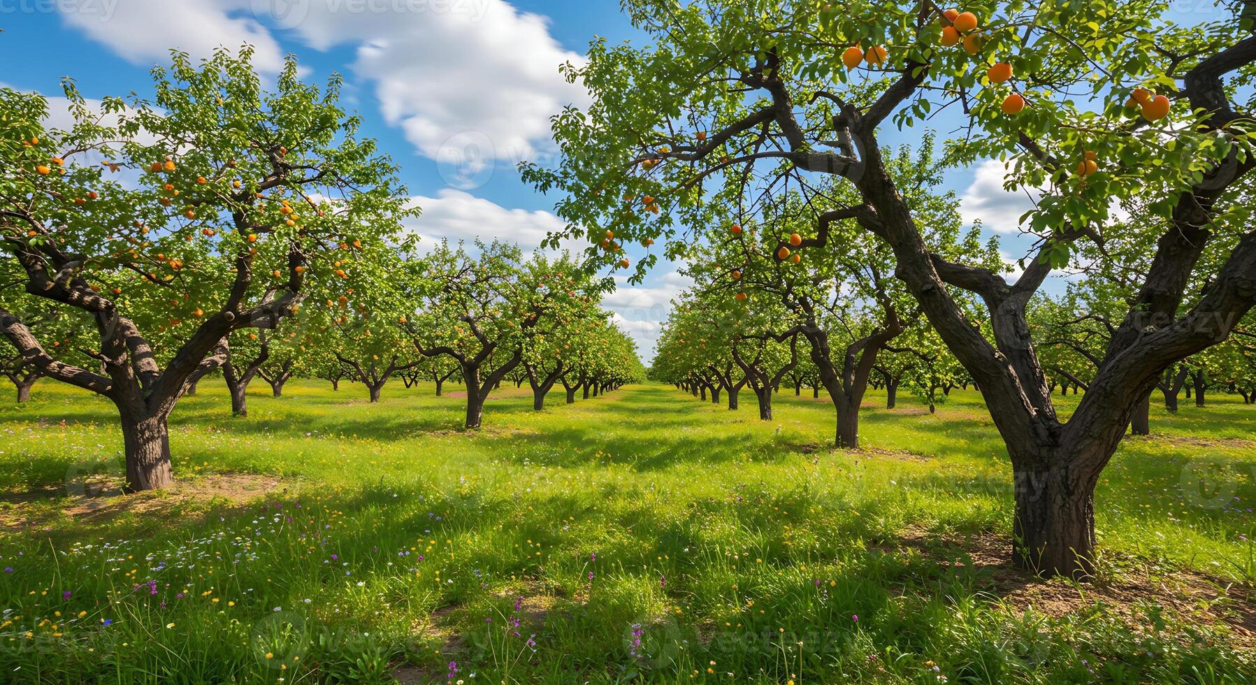 Walking Through Orchard of Ripe Apricot Trees on Sunny Summer Day photo