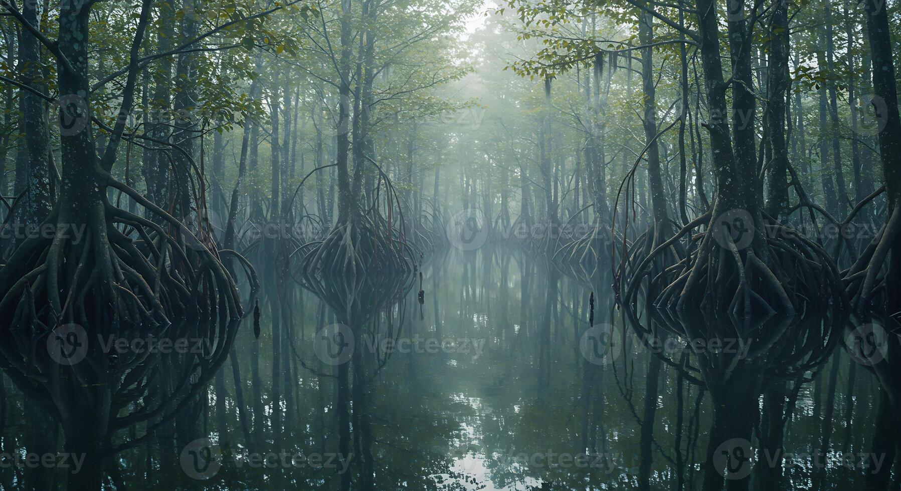 Exploring Tranquil Mangrove Forest with Water Reflection and Mystical Fog photo