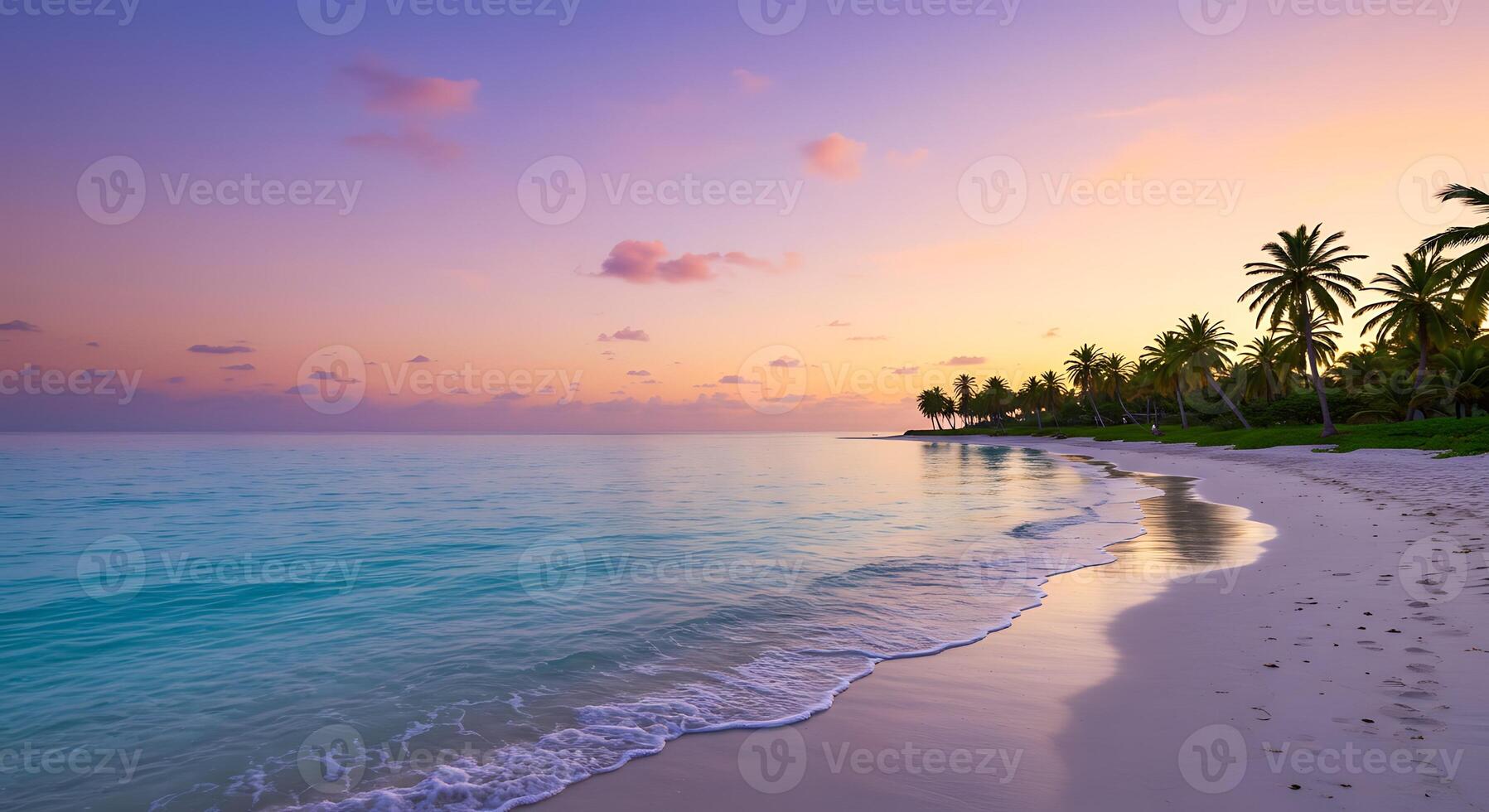 Tropical Beach at Sunset with Palm Trees and Calm Turquoise Water photo
