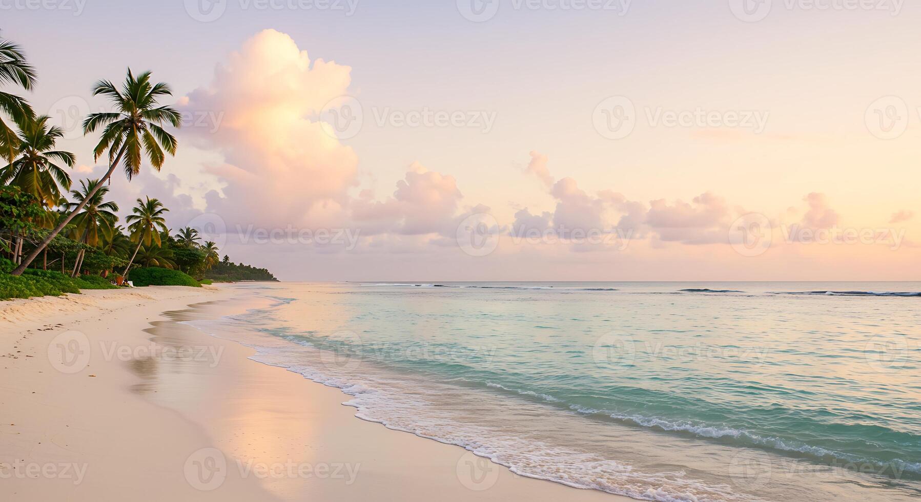 Tropical Beach at Sunrise with Palm Trees and Calm Ocean Water photo