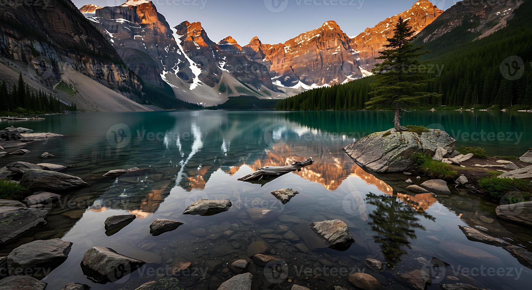 Moraine Lake Reflecting Mountains at Sunrise Peaceful Alberta Canada Scenery photo