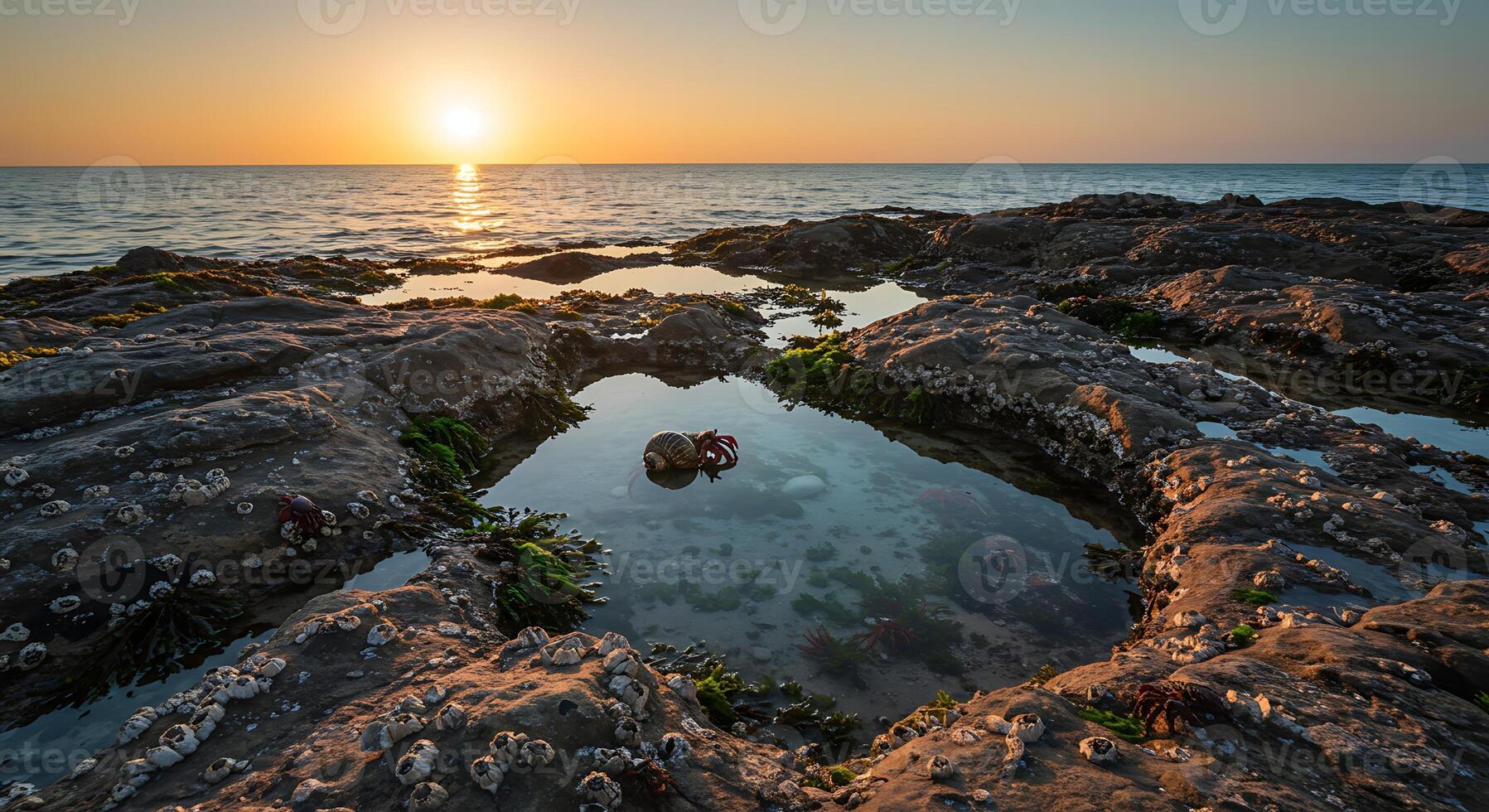 Hermit Crab in Tidal Pool at Sunset Along Rocky Ocean Shoreline photo