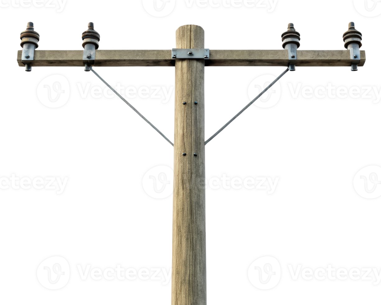 Wooden utility pole with crossarm and insulators on a transparent background png