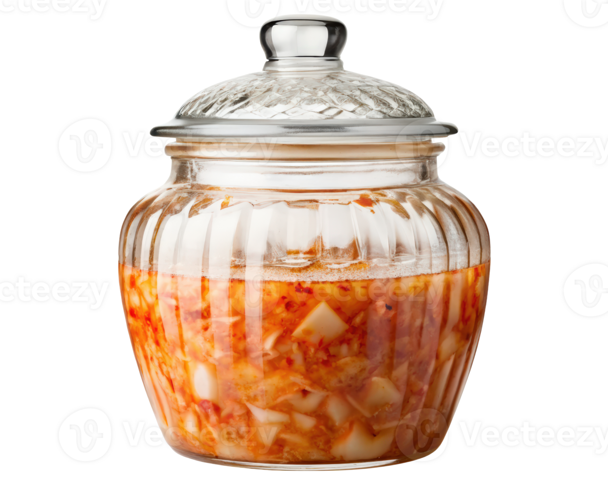 Kimchi in a glass jar with lid on a transparent background png