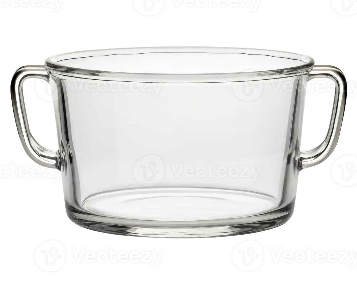 Clear glass bowl with handles on a transparent background png