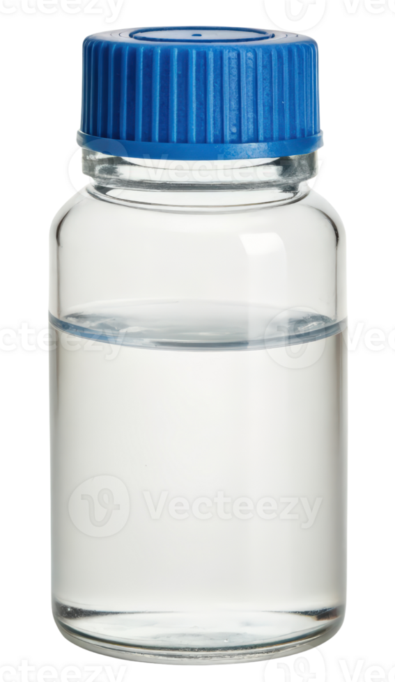 Small clear bottle with blue cap on a transparent background png