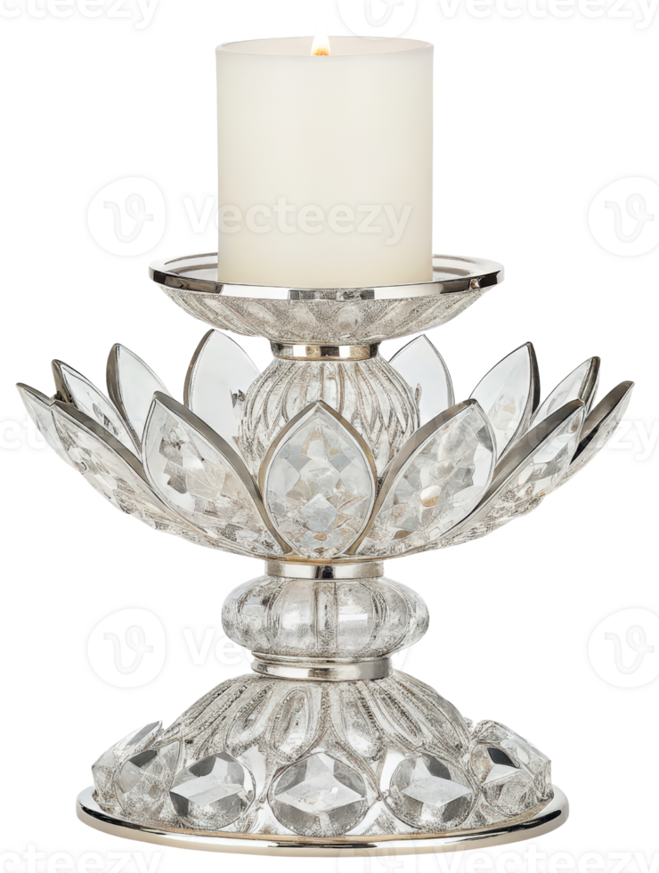 Crystal candle holder with lotus design on a transparent background png