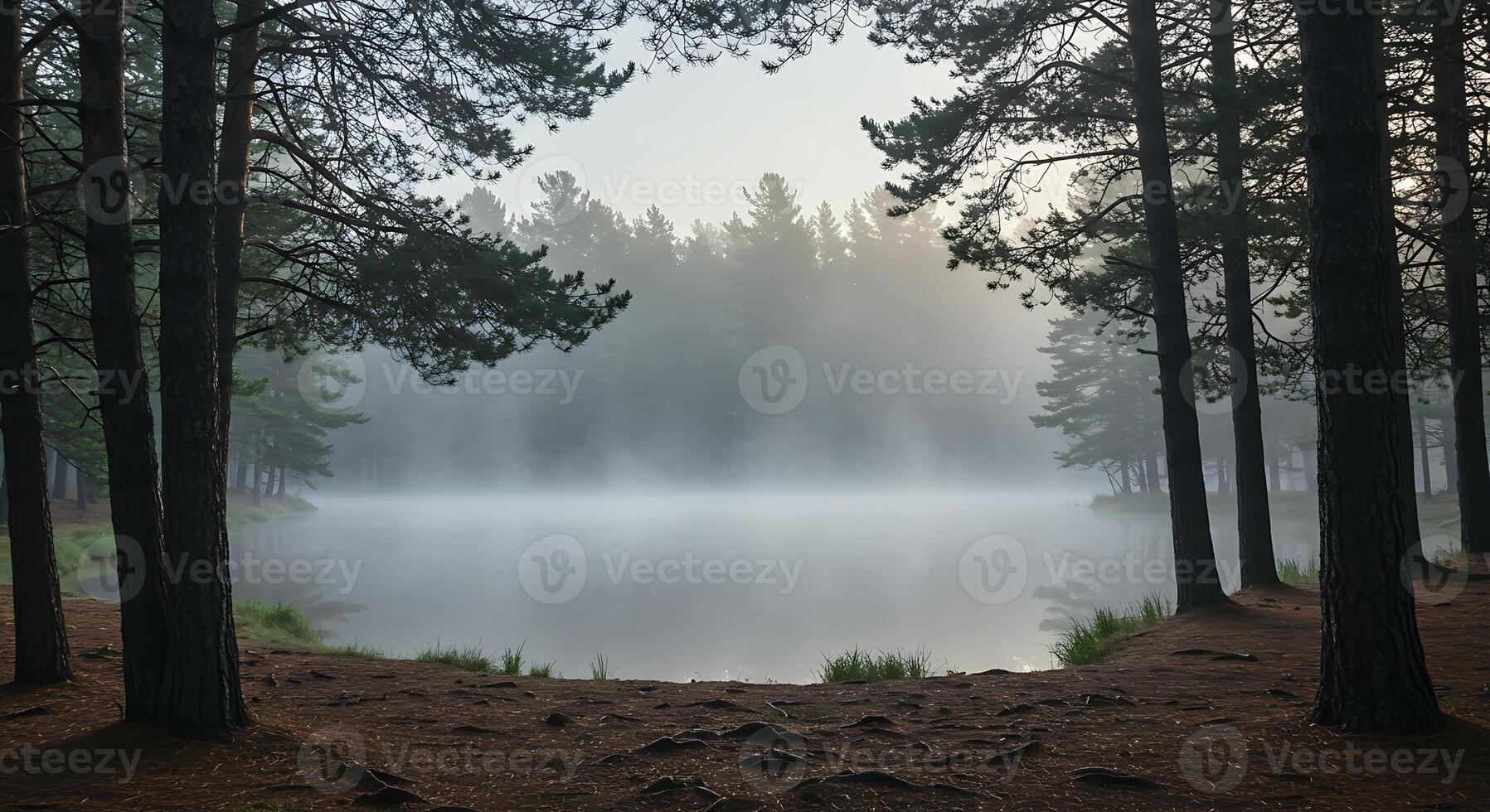 Foggy Morning Lake Scene Surrounded by Pine Trees and Forest photo