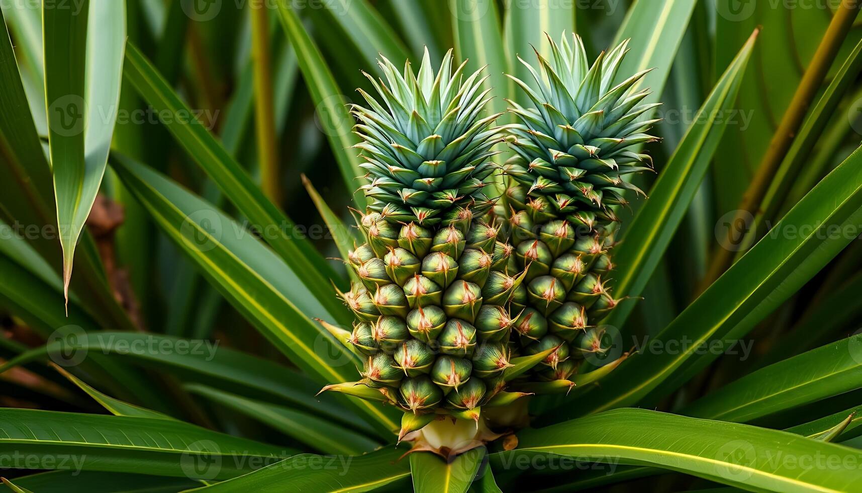 Tropical Pineapples Growing Amidst Lush Green Foliage in Vibrant Nature Setting photo
