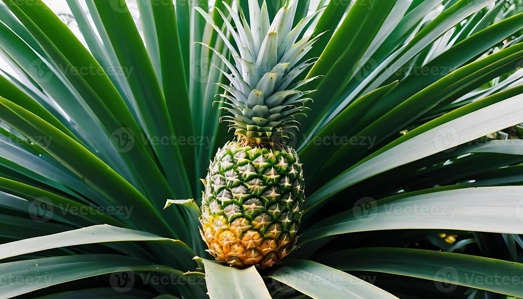 Fresh Pineapple Surrounded by Lush Green Leaves in Tropical Environment photo