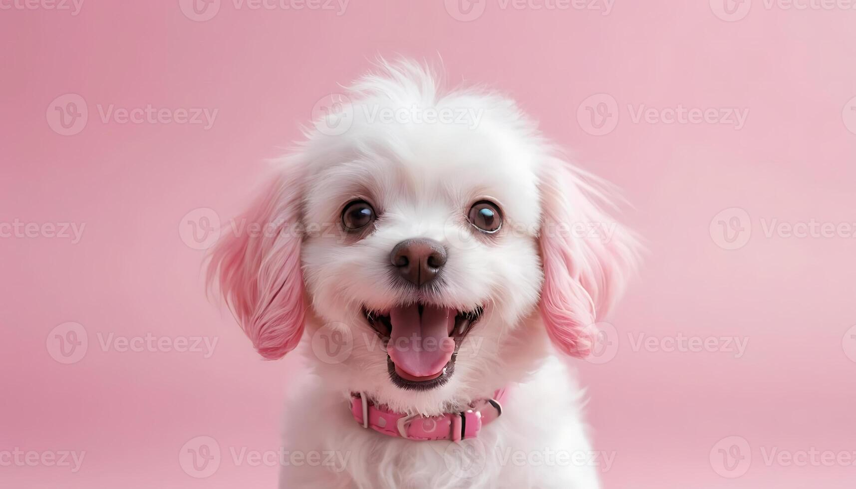 Joyful Dog with Pink Ears Smiling on Soft Pink Background photo