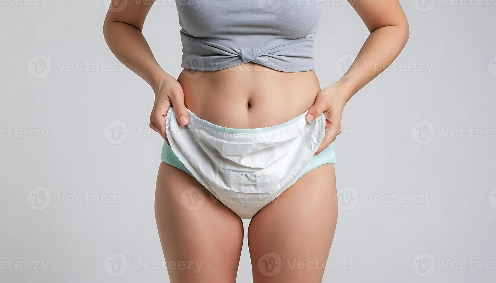 Woman Demonstrating Adult Incontinence Product with Soft Material and Comfortable Fit photo