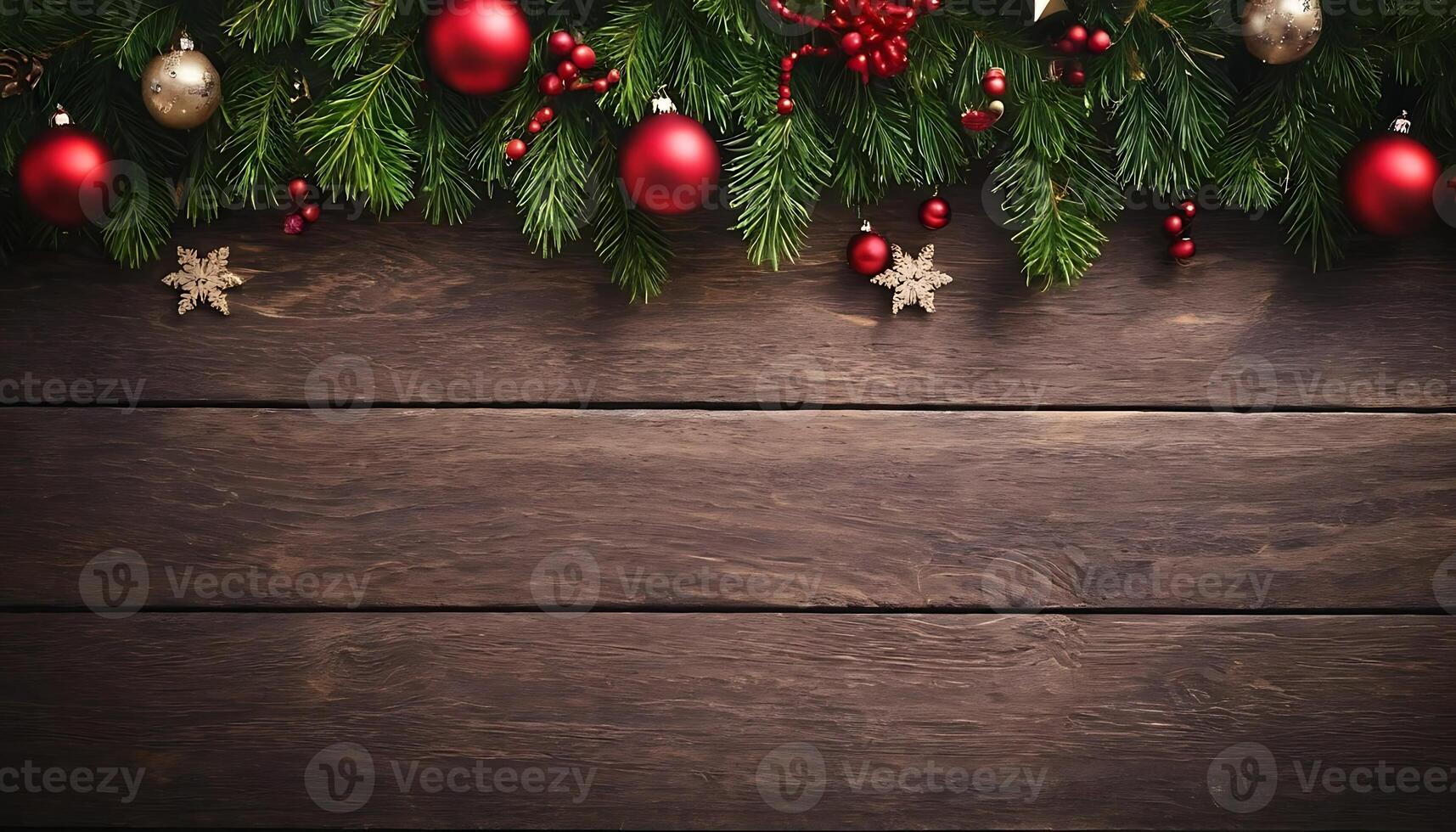 Christmas Decorations with Ornaments and Pine Branches on Rustic Wooden Surface photo