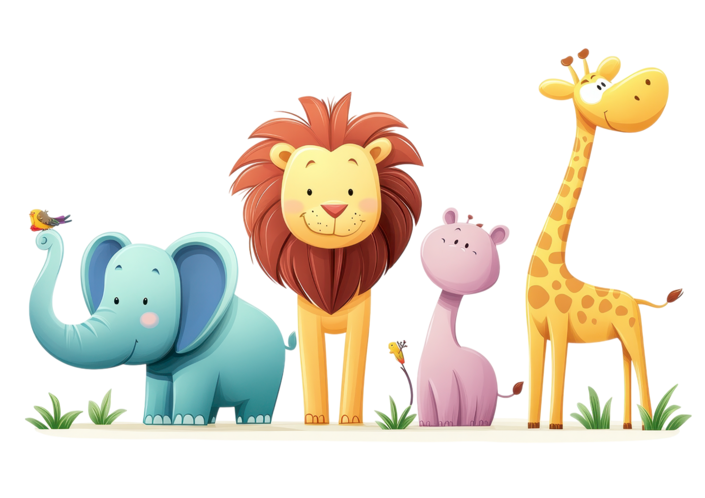 Colorful digital illustration of a lion, giraffe, elephant, and monkey in a jungle theme isolated on a transparent background png