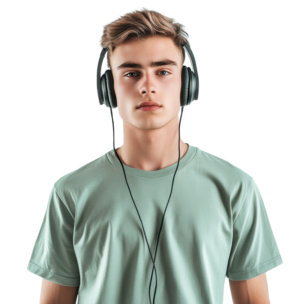Confident young man in a green T-shirt with black headphones isolated on transparent background png