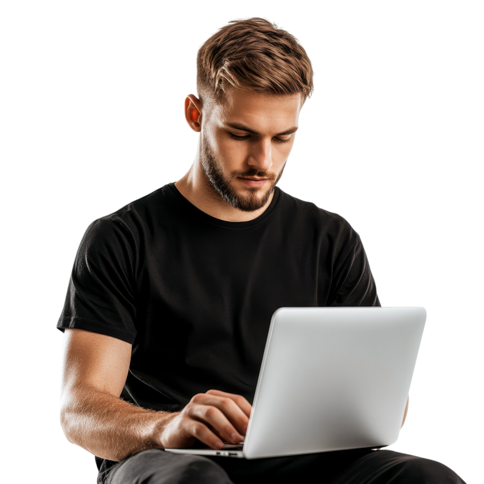 Bearded man in a black t-shirt typing on a laptop with a concentrated look, isolated on transparent background png