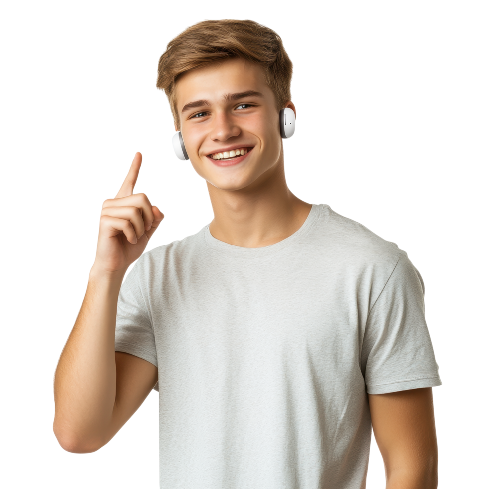 Cheerful man pointing up with one finger in a casual pose isolated on transparent background png