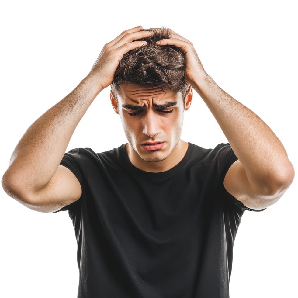Frustrated man in a black t-shirt holding his head with both hands, isolated on transparent background png