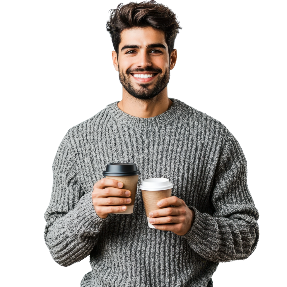 Happy young man in a gray sweater holding a coffee cup and smiling, isolated on transparent background png
