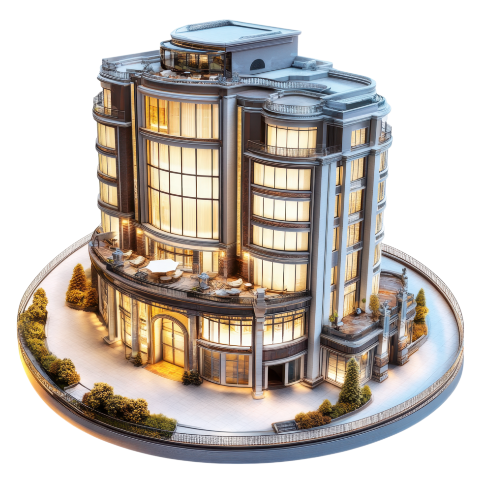 Luxury modern curved glass skyscraper with balcony and trees isolated on a transparent background png