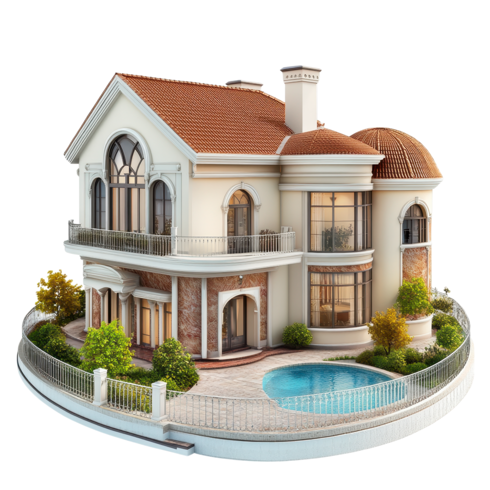 Luxurious Mediterranean-style villa with swimming pool and arched windows isolated on a transparent background png
