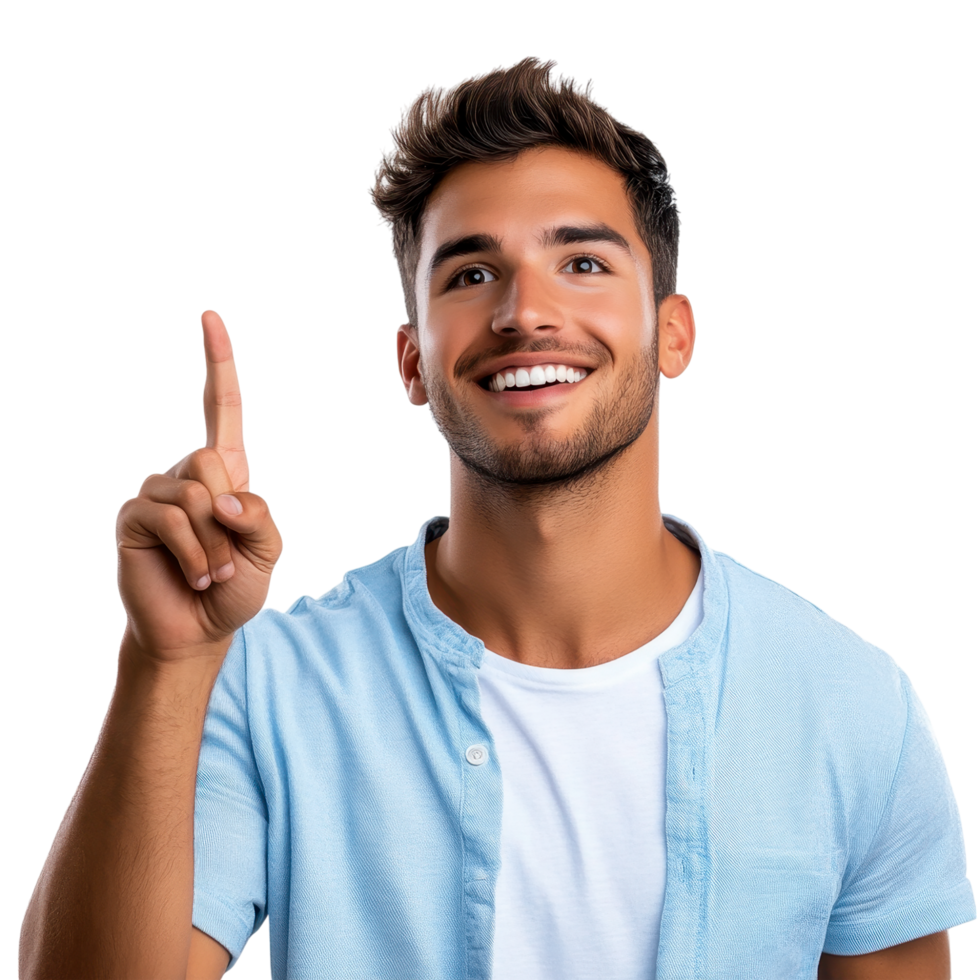 Happy young man in a blue shirt pointing upward with excitement, isolated on transparent background png