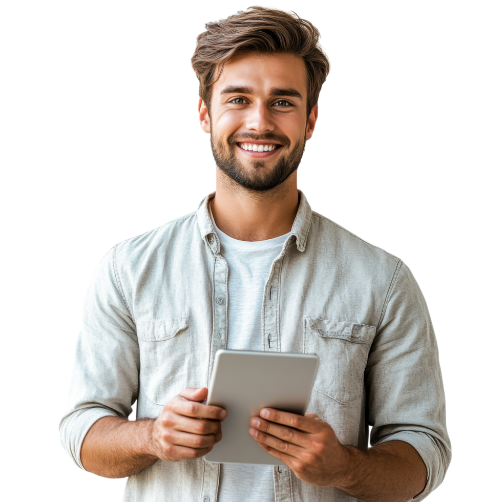 Happy bearded man in a casual white shirt holding a smartphone and smiling, isolated on transparent background png