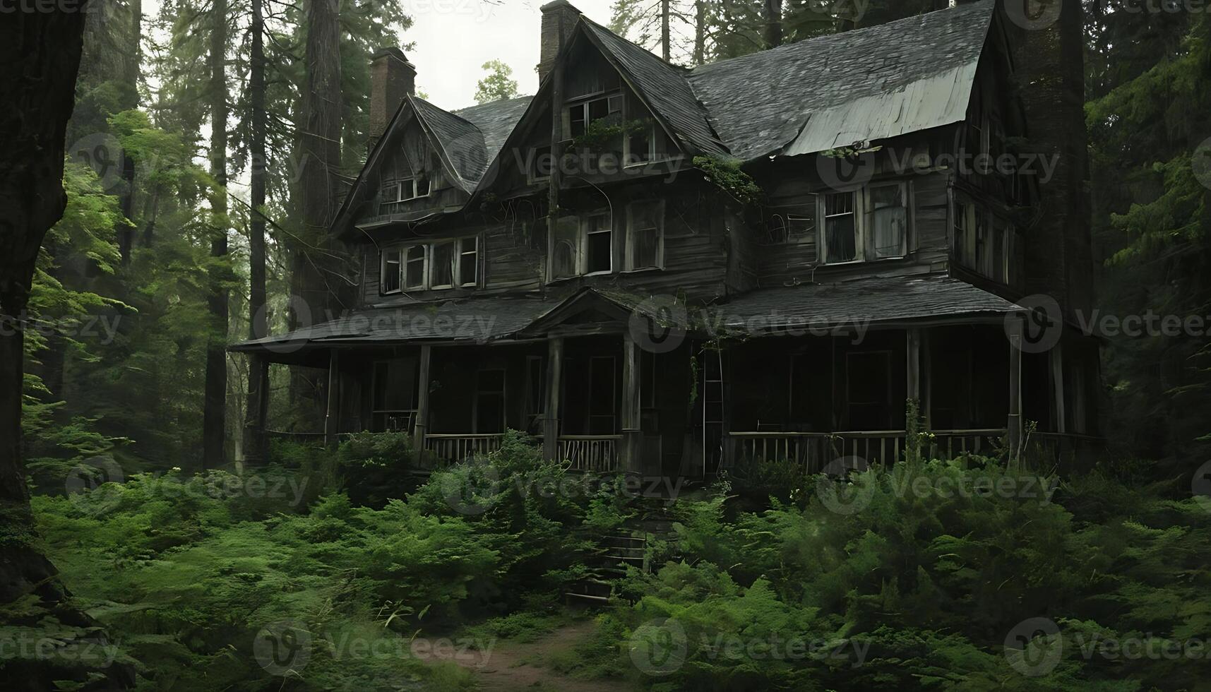 Exploring a Creepy Abandoned House Surrounded by Lush Forest Vegetation photo