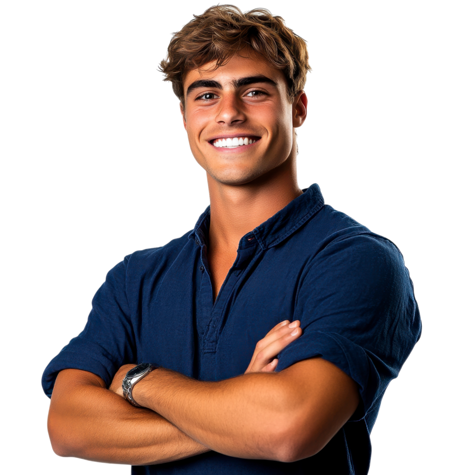 Fit young man in a navy blue shirt standing with arms crossed and smiling, isolated on transparent background png