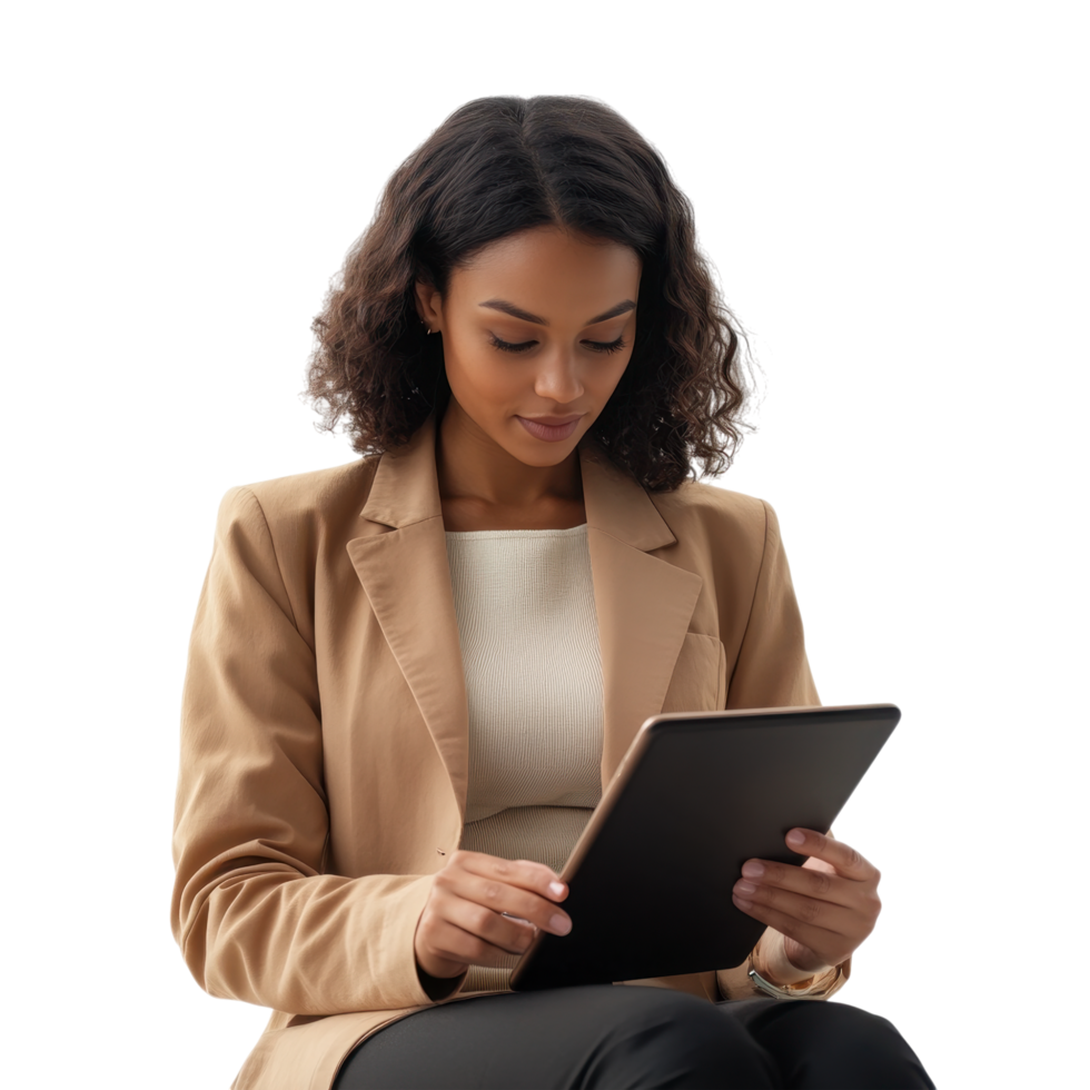Businesswoman in a beige blazer holding a tablet and working isolated on transparent background png