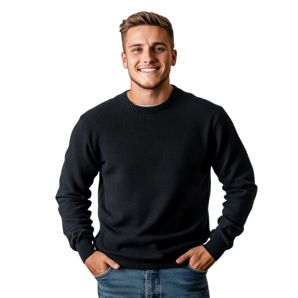 Confident man in a black sweater standing with hands in pockets, isolated on transparent background png
