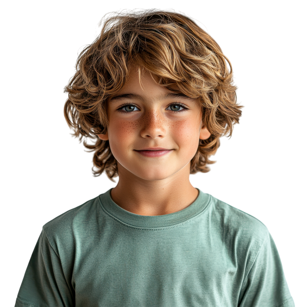Cheerful young boy in a light green t-shirt with a friendly expression, isolated on transparent background png