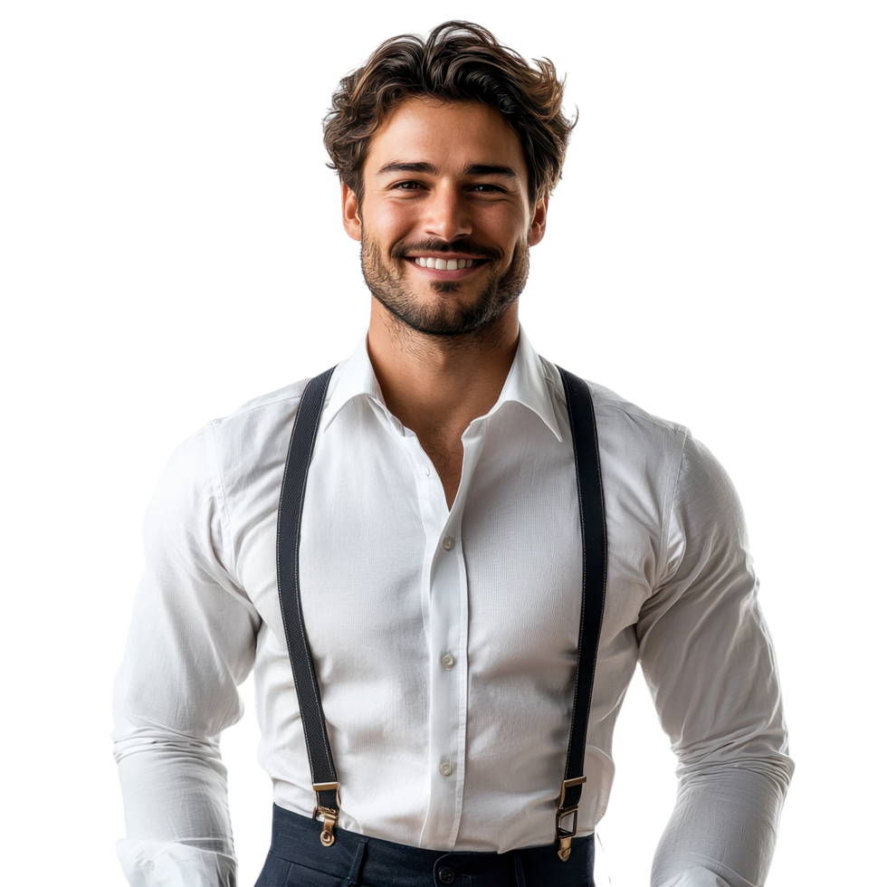 Handsome man in a white shirt and suspenders with a bright smile, isolated on transparent background png