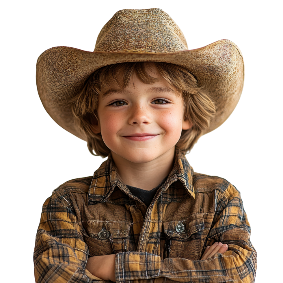 Cheerful little boy in a cowboy hat and checkered shirt, isolated on transparent background png