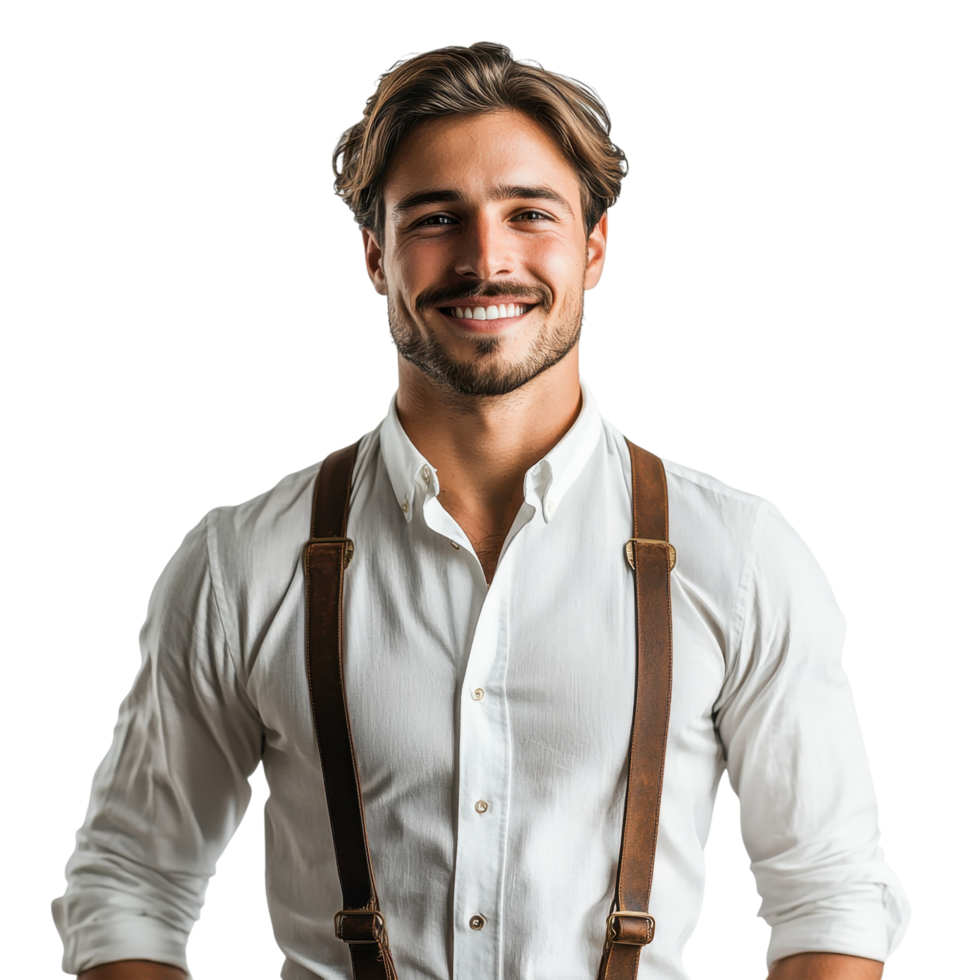Happy young man in a white shirt and suspenders standing confidently, isolated on transparent background png