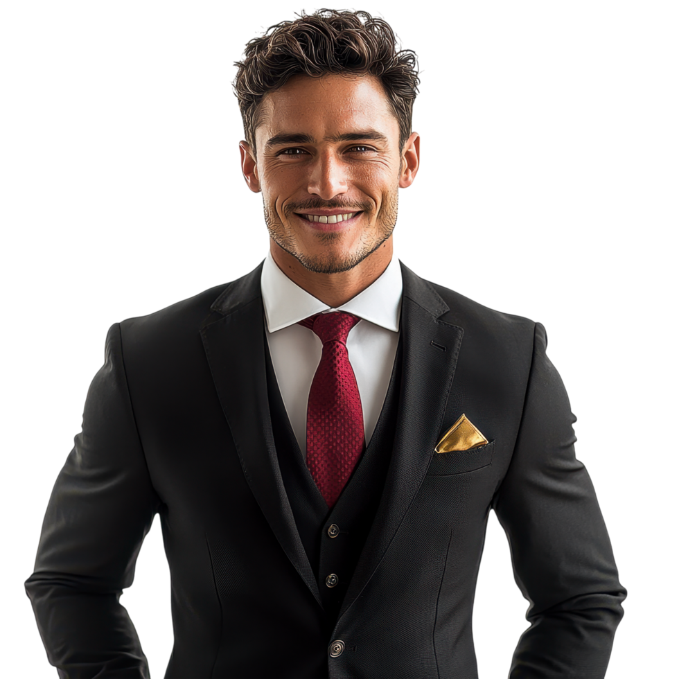 Handsome man in a dark blazer with a friendly expression, isolated on transparent background png
