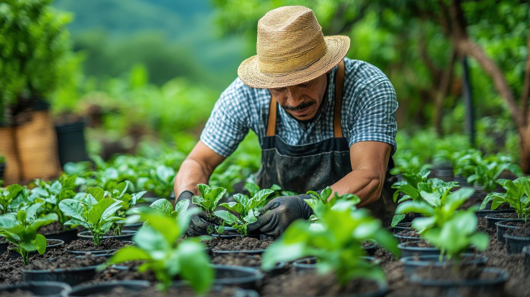 A man in overalls and hat tending plants in a garden photo